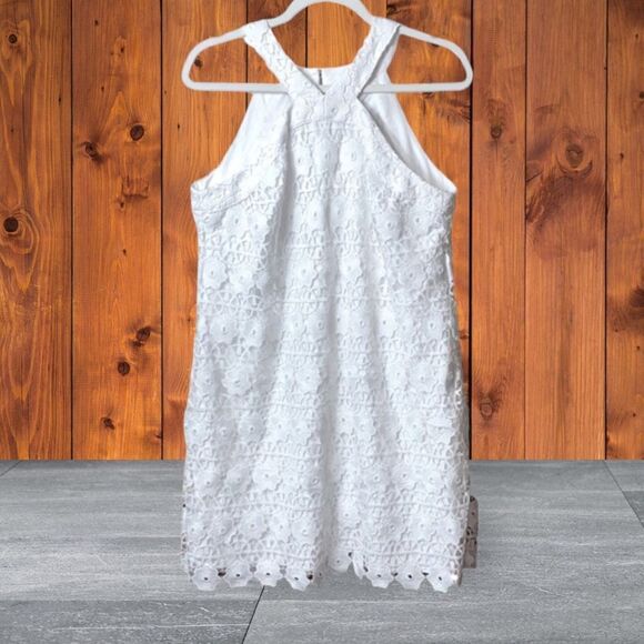 Crown & Ivy Wm’s Sz Med White Cotton Halter Neck Laced Lined Fitted Midi Dress - Picture 1 of 6
